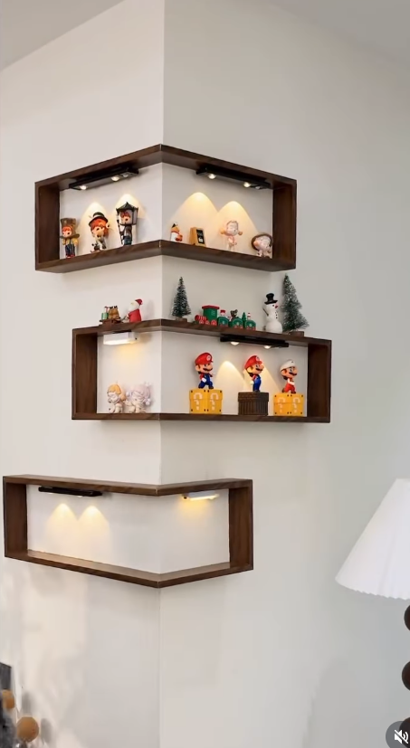 Modern LED corner wall shelf with integrated lighting for home décor display