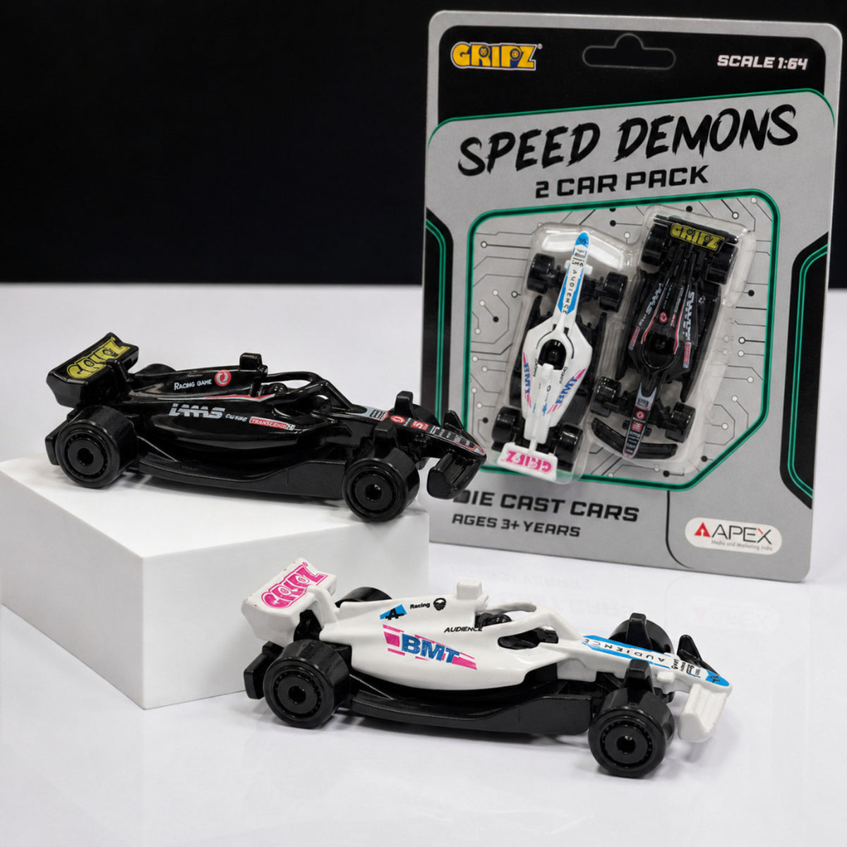 Two-car 1:64 die-cast racing car pack with white and black racing cars